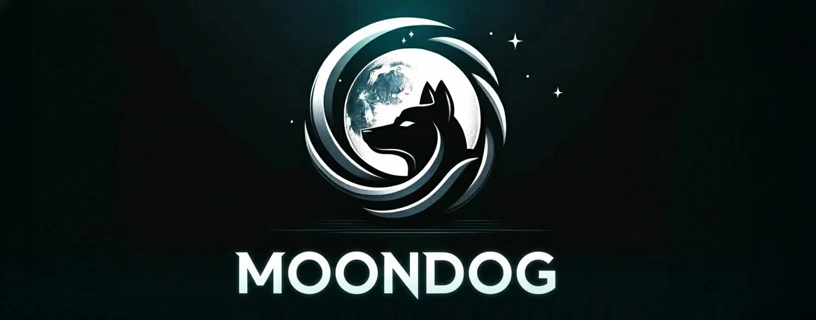 Moondog logo with a wolf design on a dark background